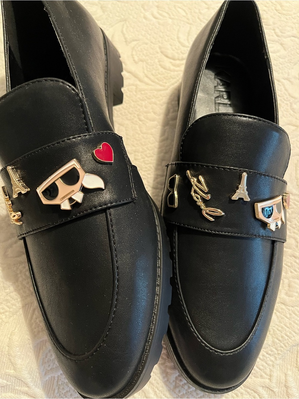 Karl Lagerfeld Black Leather Loafers with Gold & Enamel Charms - Picture 4 of 12